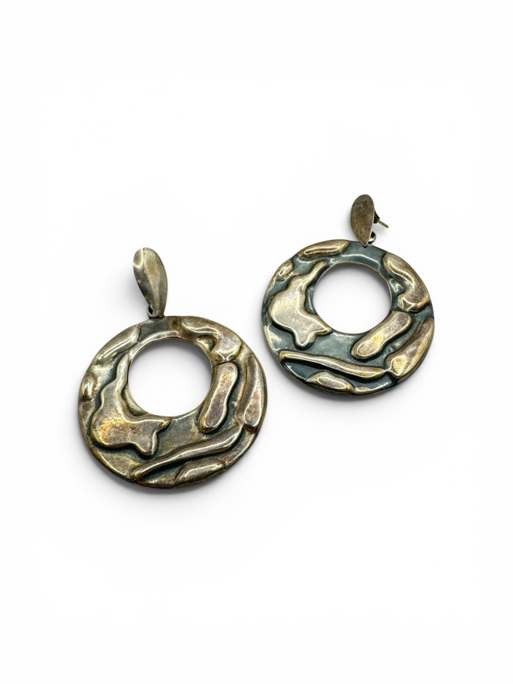 Vintage Taxco Circular Mexico Sterling Silver Modernist Brutalist Earrings 2.5”